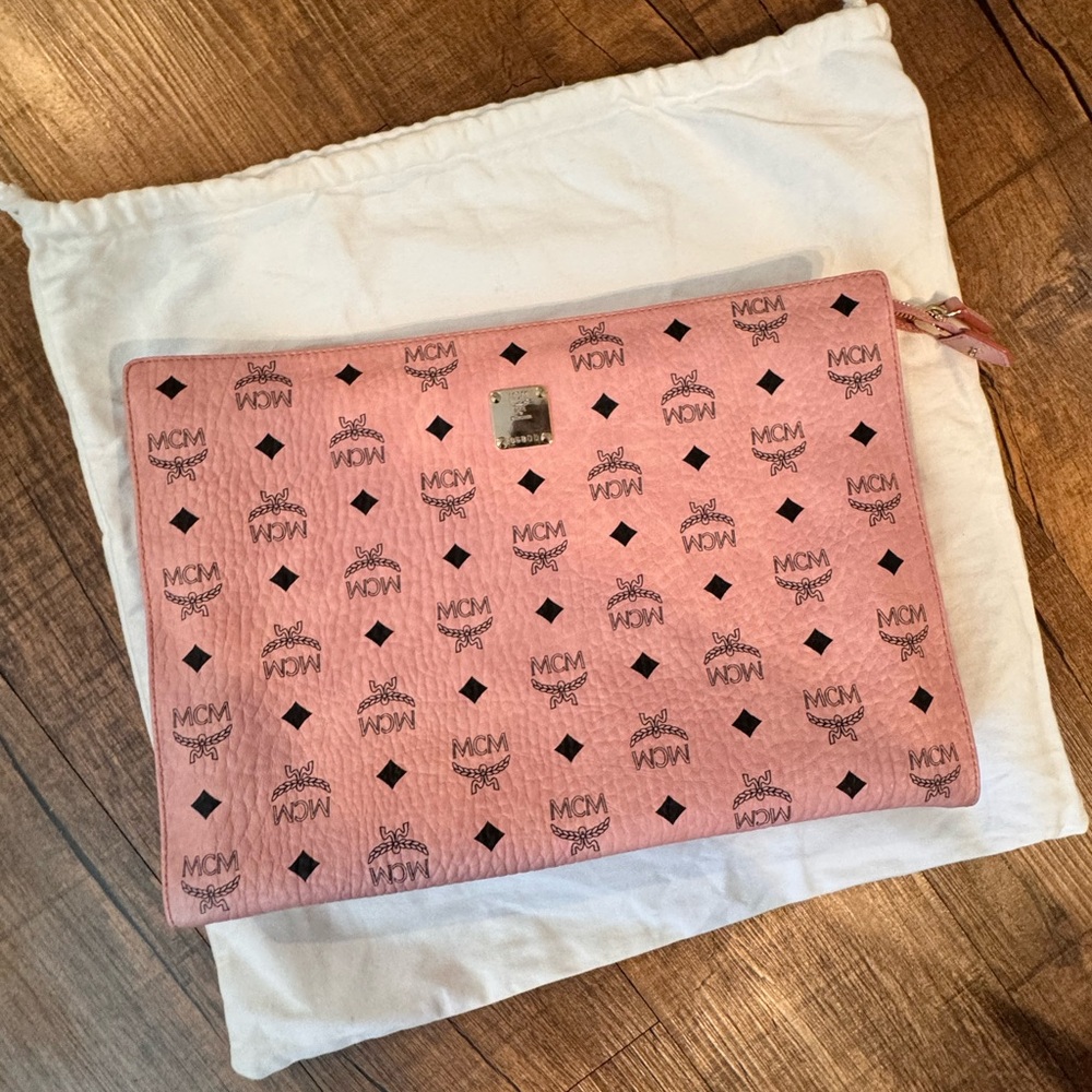 MCM Pink Logo Zip clutch with Gold Plaque